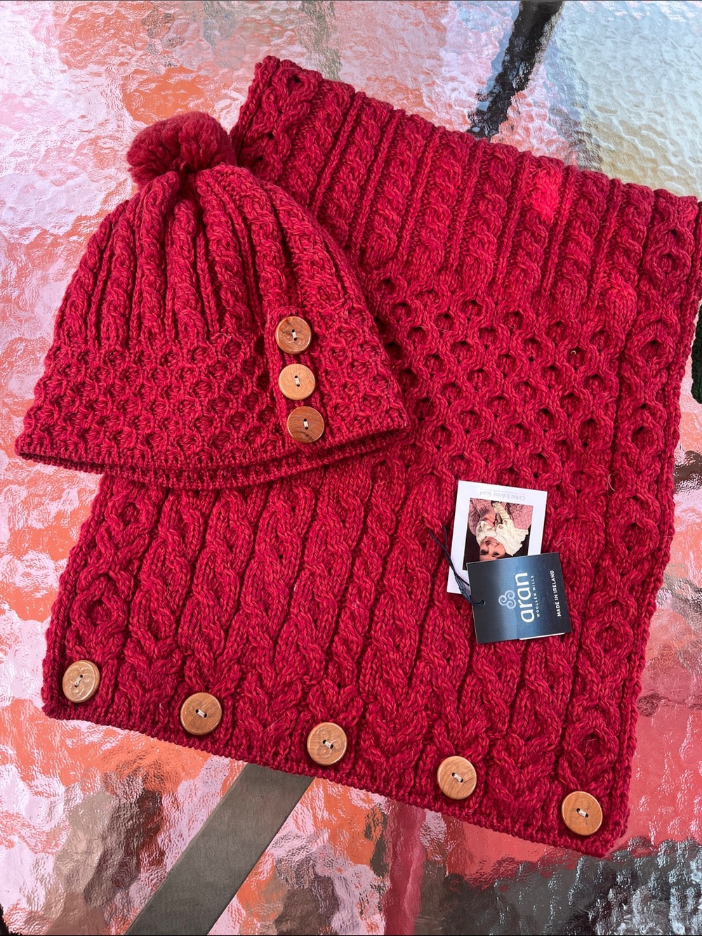 Aran Crafts Red Cable Knit Button Infinity Snood Scarf & Stocking Cap Set NWT
